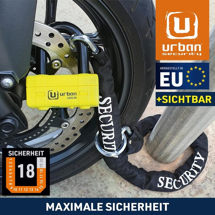 Мотоциклетний замок urban UR75 + 10.120L, дисковий, протиугінний, SRA сертифікат, міні дужковий та ланцюговий замок, Ø10 мм, 120 см, жовтий