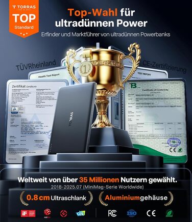 TORRAS MiniMag Ultra Slim Powerbank з MagSafe для iPhone 17 Pro Max, 5000mAh, Швидка зарядка, Бездротовий акумулятор, USB-C, Серія Titan (Сріблястий)