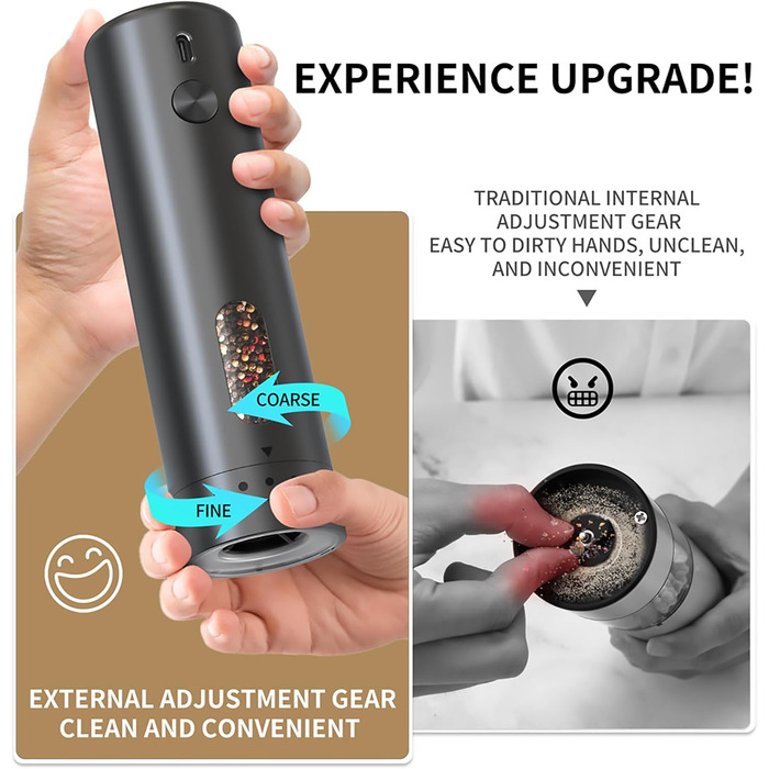 Електричний набір для солі та перцю з зарядною станцією, об'єм 110 мл, перезаряджувана солянка з 5 рівнями, керамічна млинка з щіткою (1 шт. чорний)