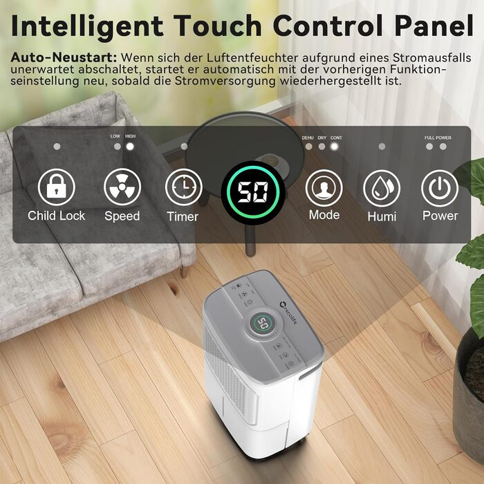 Електричний осушувач повітря Crecolife 12L/24h, 190W, для приміщень 20м², з цифровим дисплеєм та сенсорною панеллю керування, 3 режими осушення, 2 варіанти зливу, таймер 24г