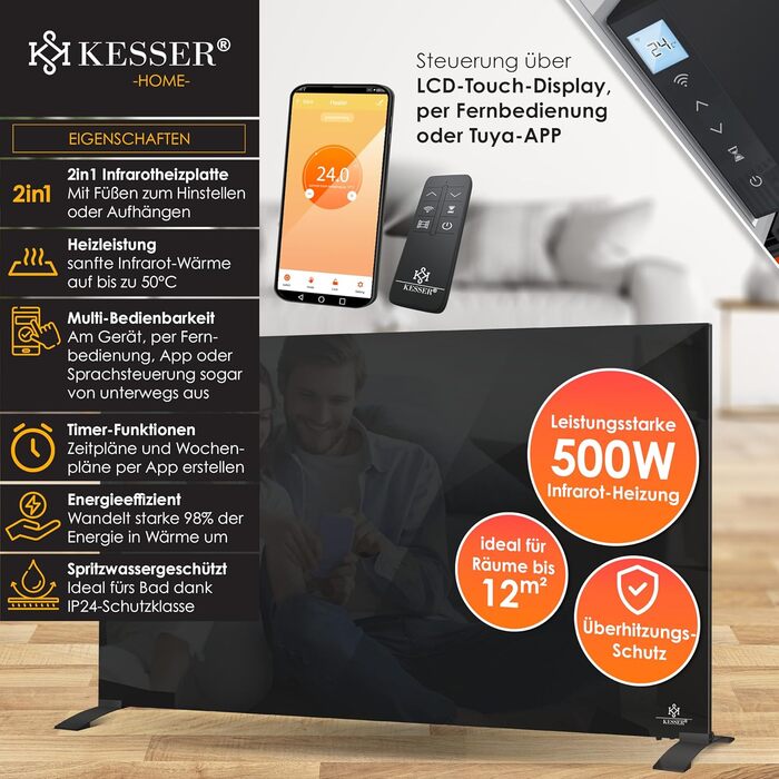 Інфрачервовий обігрівач KESSER® з функцією 2 в 1: підлоговий та настінний. Економний електрообігрівач з термостатом, датчиком відчинених вікон, пультом та керуванням через додаток (500W, чорний)