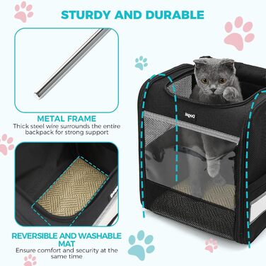 Рюкзак для кота/собаки, чорний, складаний, з сіткою, з внутрішнім шнуром безпеки, до 8 кг