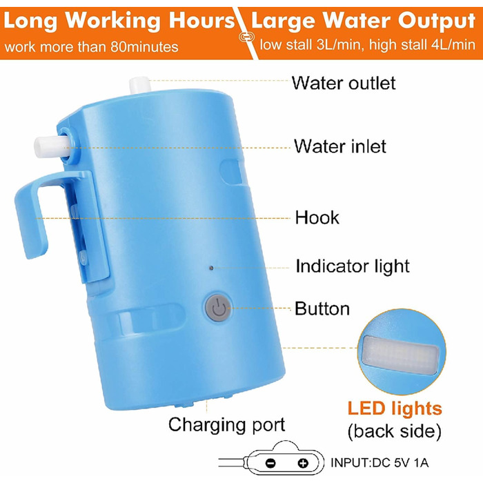 Portable Outdoor Shower, 2 Flow Modes, IPX7 Waterproof, with LED Light, 4400mAh Battery, USB Charging, Electric Shower Pump, Suitable for Hiking/Backpacking, Travel, Beach, Pets, Flowers