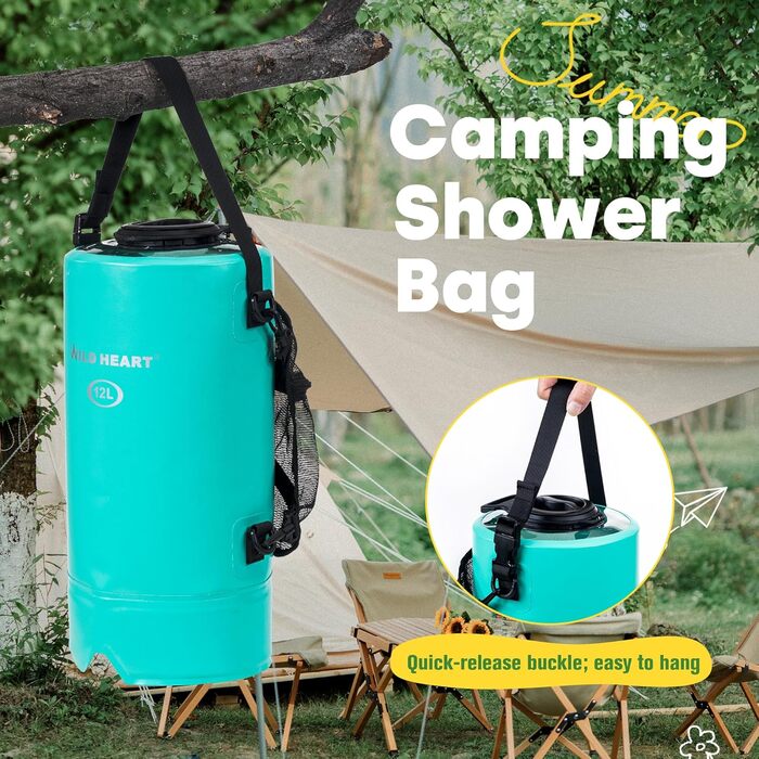 WILD HEAT Camping Shower 12L Portable Shower for Camping with Foot Pump and Shower Bag Backpack for Camping (12L, Turquoise)
