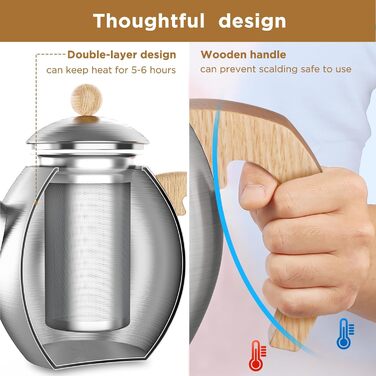Glass teapot with stainless steel (silver color) 1200ml with 18/8 stainless steel tea strainer tea maker Suitable for tea warmer