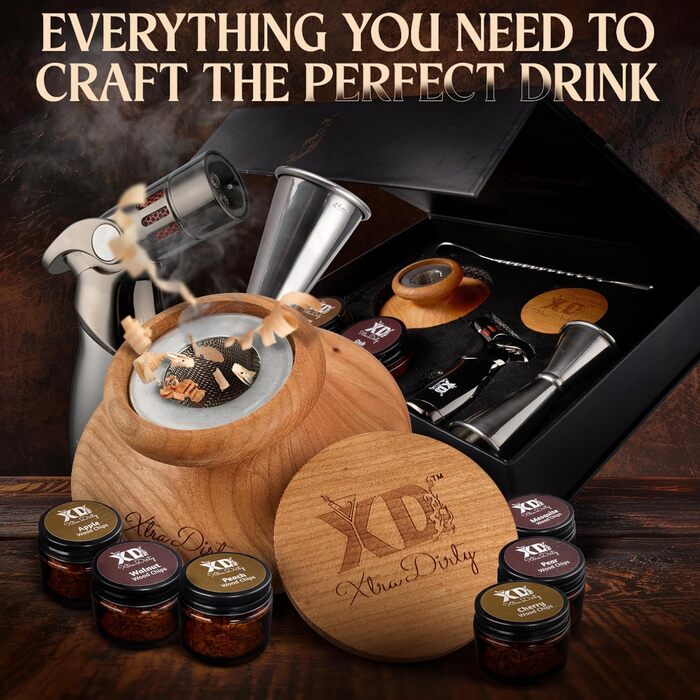 Набір для приготування коктейлів Xtra Dirty Cocktail Smoker Kit з 4 пальними насадками - для віскі, бурбону, Old Fashioned - 8 банок з тирсою