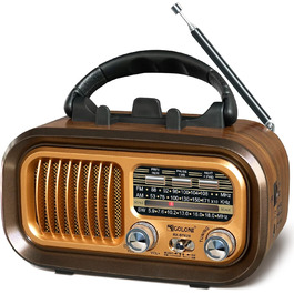 Ретро Радіо Klein з Bluetooth: портативне AM/FM/SW радіо з сонячною панеллю, USB/TF-карта, 1200mAh, золотий колір