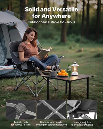 Кемпінговий стілець VEVOR великий, складний - до 204 кг, з підсклянниками, для риболовлі, пікніка, чорно-сірий