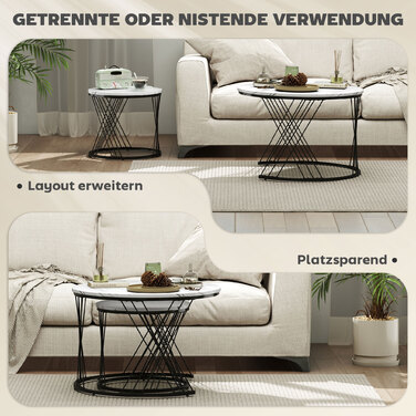 HOMCOM Set of 2 Round Coffee Tables with Marble Look - White