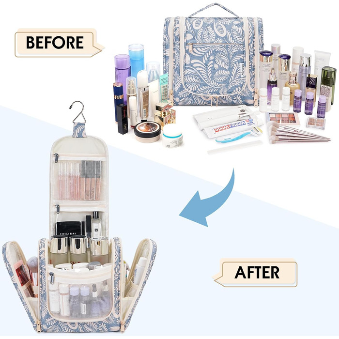 Сумка для туалетних аксесуарів для жінок та чоловіків, що підвішується, косметичка, дорожня сумка (Блакитне листя) Z-блакитне листя