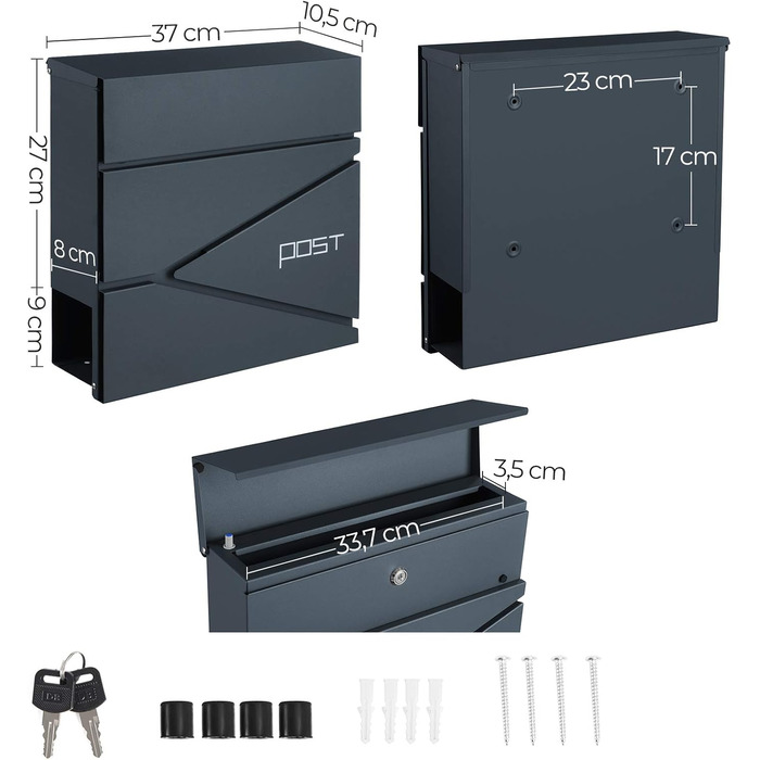 Поштовий ящик настінний SONGMICS XXL, з замком та відділенням для преси, антрацит GMB051G02
