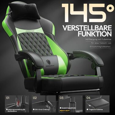 Ігровий крісло Dowinx Racing з підтримкою попереку, ергономічний геймерський крісло з PU шкіри, 150 кг (Зелений)