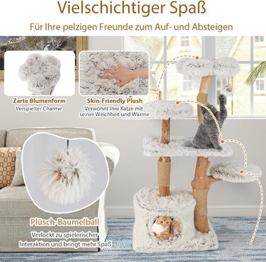 Дерев'яний кігтеточка SOARS для котів з 3 природними стовбурами, ліжком та плюшевими поверхнями, кігтеточка з іграшковим м'ячиком та джутовим мотузком, багатоповерхова, 49 x 59 x 110 см, білий
