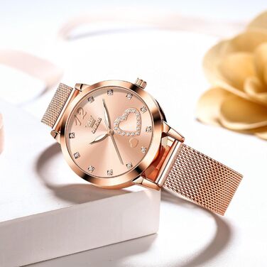 Годинник жіночий OLEVS Roségold: стильні годинники з рожевого золота з діамантовим серцем, водонепроникні, з мікросітчатим ремінцем