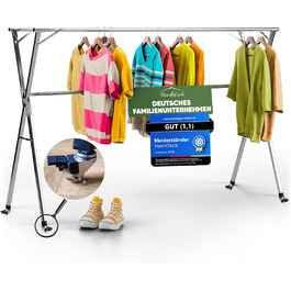 Clothes Rack / Laundry Rack + Bag Moritz [Extendable 1.30-2.0m, foldable, very stable stainless steel] Clothes Rail, Coat Rack, Entrance Hall Coat Rack, Open Wardrobe (Silver, with hooks / with bag / with wheels)