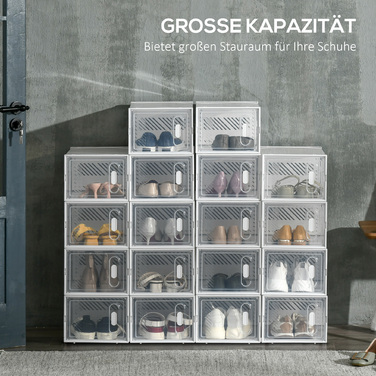 HOMCOM Set of 18 Modular Shoe Storage Boxes with Transparent Doors - Dimensions 25W x 35D x 19H cm | Aosom