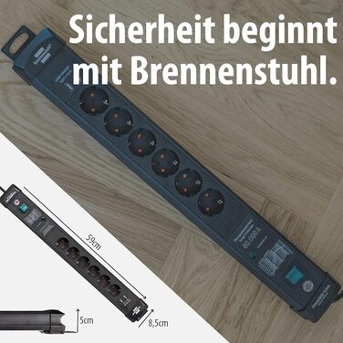 Брененштуль Steckdosenleiste Premium-Line: Розподільник розеток 6-фазний з захистом від перенапруги до 60000A, з вимикачем, 3м кабель, 2x USB 3.10A, для монтажу на стіну, Made in Germany, чорний, захист від витоку струму 60000A
