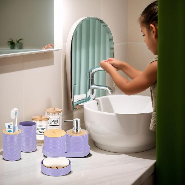 Набір для ванної кімнати IMAVO, 26 предметів: душовий завіс, килимок, смітник, піднос, дозатор мила, мильниця, тримач для зубних щіток, стакан для зубних щіток (фіолетовий, 11 предметів)