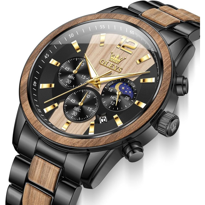 Годинник чоловічий OLEVS 3645-schwarz+gelb: аналоговий кварц, дерев'яний ремінець, хронограф, водостійкий, з підсвічуванням
