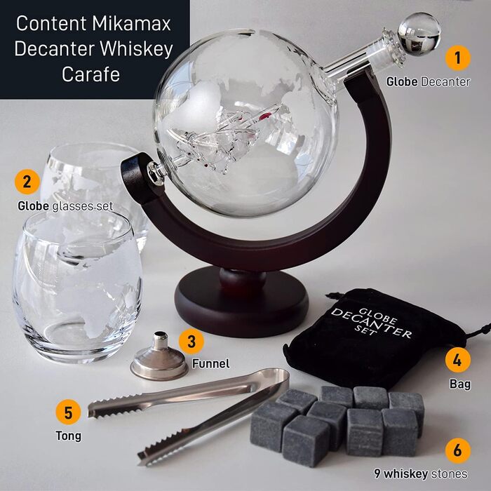 MikaMax - Globus Decanter Set - Whiskey Decanter - with two glasses - Whiskey set - Funnel included - Handcrafted - Transparent - 850 ML - Airtight closure - Men's gift