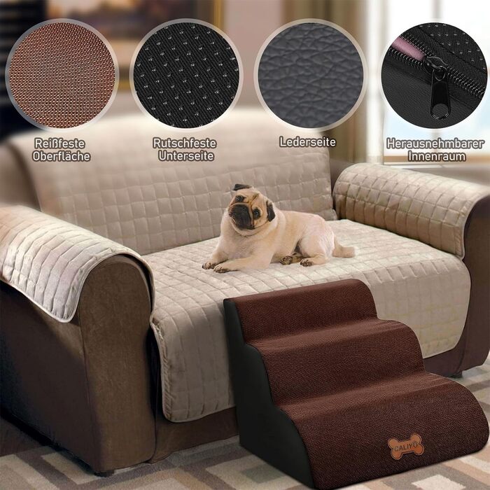 Сходинки для собак Caliyo 3 ступені, для маленьких собак та котів, 40 см, знімний чохол, антиковзаюча поверхня, для ліжка, дивану, авто (60×40×40см), коричневі