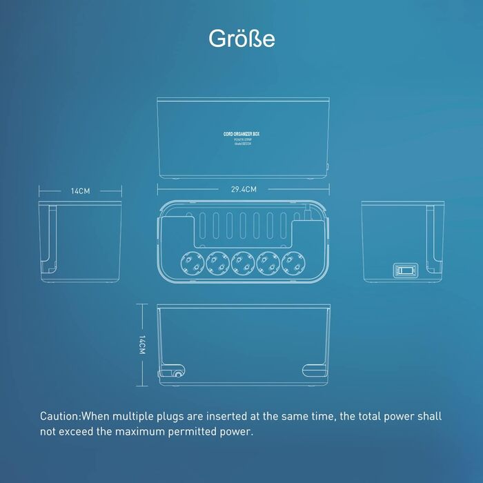 Многорозеткова смуга з кабельною коробкою, захист від перенапруги, 5 розеток, 3 USB, органайзер для столу, 29.5 x 14 x 14 см, кабель 2 м (5 м, чорний)