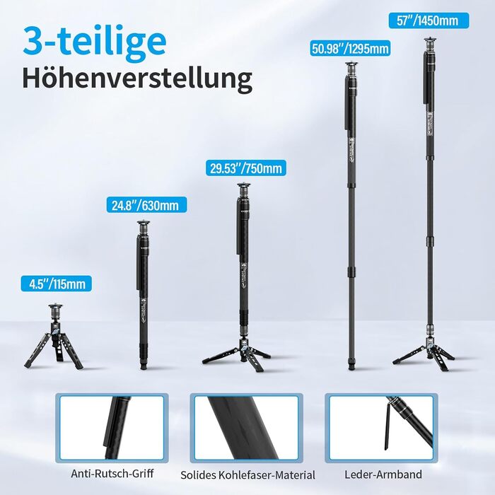 SIRUI SVM-145 монопод для камери з ніжками, 145 см, карбонове, для DSLR/Camcorder, до 10 кг