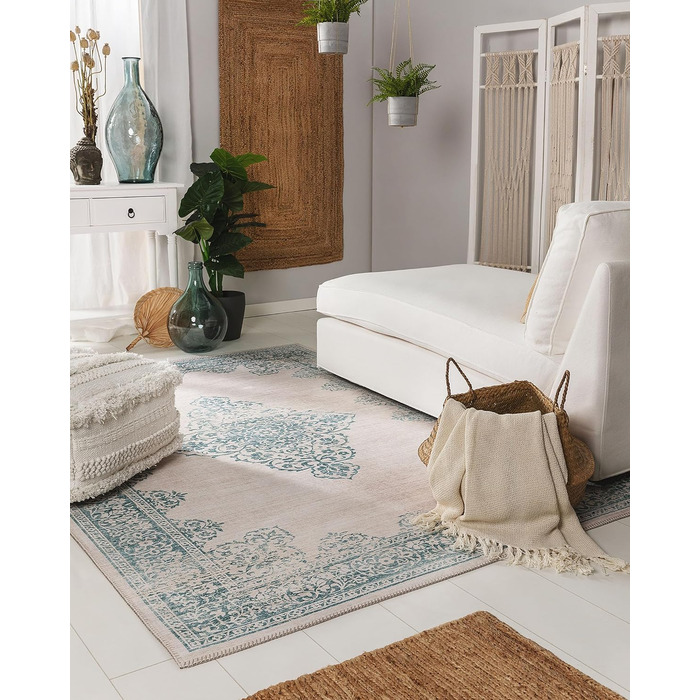 benuta pop Laury Rug - Synthetic Fiber - Rectangular & in Vintage Style - Easy to Care For for Living Room, Bedroom, Turquoise, 200x300 cm 200 x 300 cm (Rectangular) Turquoise