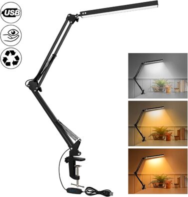 SKYLEO Dimmable Desk Lamp with Clip - Eye Protection LED Desk Light - 3 Modes & 10 Brightness Levels - Black