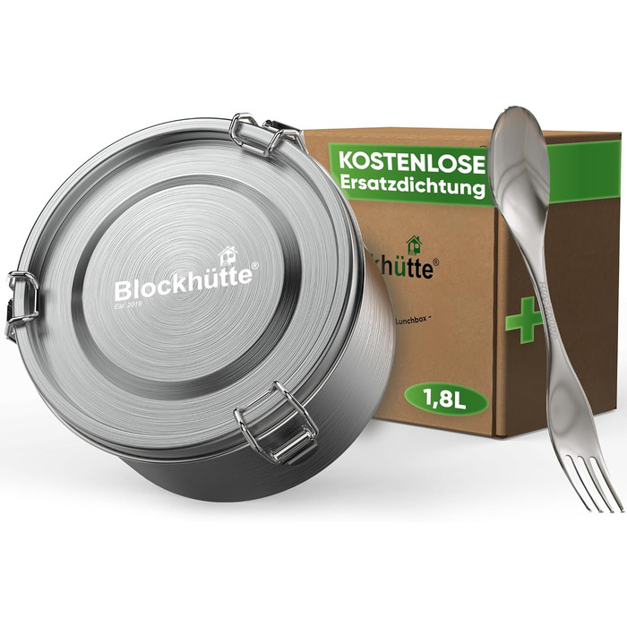Premium Blockhut Jausenbox Stainless Steel Round I 1800ml I with Spoon 2x Seal Set I Leak-proof Stainless Steel Lunchbox for Adults I Stainless Steel Storage Containers Freezer-safe I Brotzeitbox (German for snack box) Stainless Steel