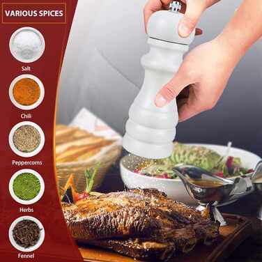 Набір для солі та перцю: ручні млини для перцю та солі, чорного кольору, великі. Дерев'яні млини для спецій з регульованою керамічною помелювальною камерою (від дрібної до грубої). 6,5 дюйми для морської солі, чилі, грубої солі (чорний та білий), 2 шт.