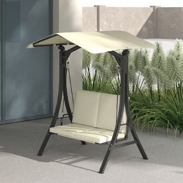 Outsunny Hollywood Swing with Adjustable Sun Canopy and Seat Cushion, Protective Cover, 2-Seater Garden Swing, Weight Capacity up to 220kg, UV 30+ Swing Bench for Garden, Patio, 150x120x182cm, Cream White | Aosom