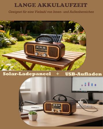 Ретро Радіо Klein з Bluetooth, AM/FM/SW радіо, портативне, з сонячною панеллю, USB/TF картка, 1200mAh, подвійний динамік