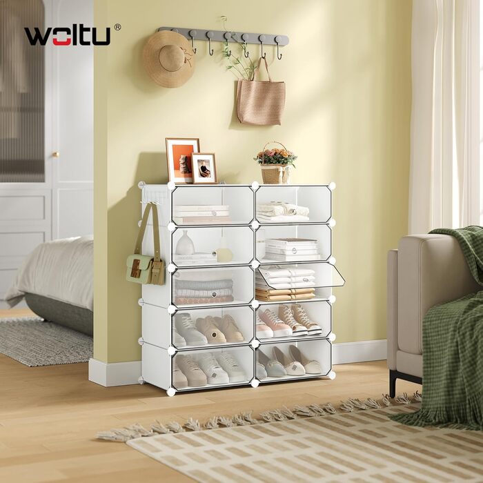 WOLTU Shoe Box, Shoe Storage, Set of 10, Stackable Design, for 20 Pairs, with Door, Hooks, 40x30x170 cm, White