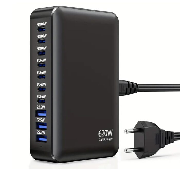 Зарядний пристрій USB-C 620W, 10 портів: Швидка зарядка PD PPS 100W, USB-C для MacBook Pro/Air, iPad, iPhone 16/15/14/13/12 Pro Max, Samsung