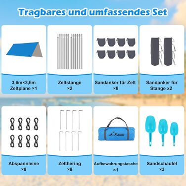 Намет WADEO для кемпінгу, водонепроникний, 4x3 м, з тентром та аксесуарами, ультралегкий, для відпочинку на природі - Хакі (3,6м x 3,6м, Синій)