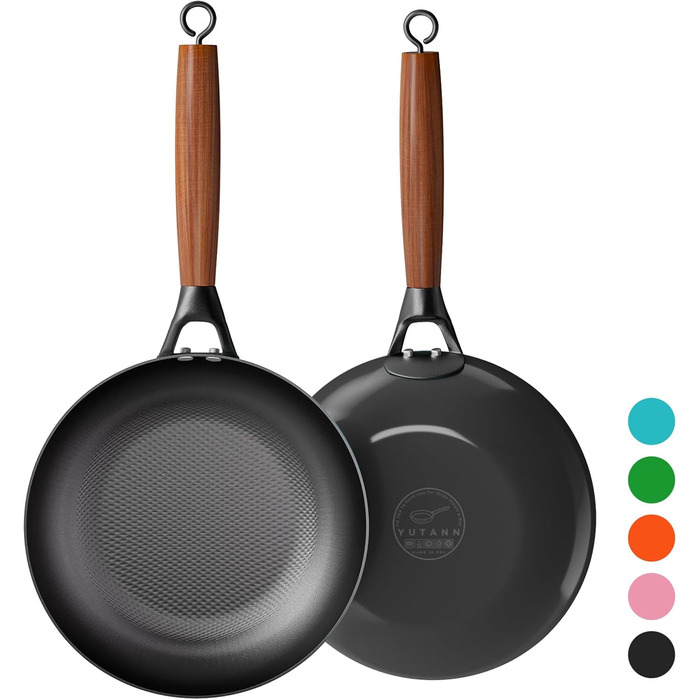Набір сковорідок YUTANN з чавуну (20, 24, 28 см), з антипригарним покриттям, знімний дерев'яний ручка, для плити, індукції, духовки, без PFAS/PFOA, легко мити (чорний)