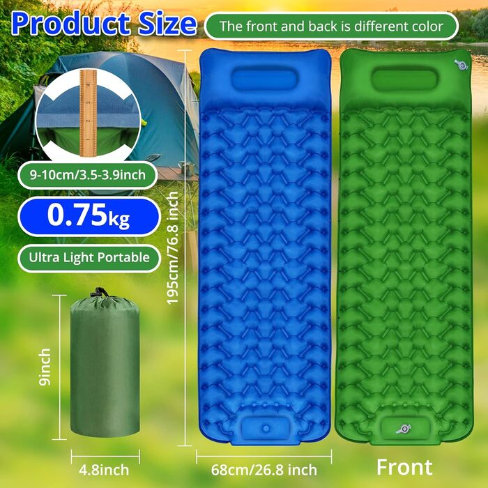 Надувна туристична матрац Isomatte з самонадуванням, 10 см, водовідштовхувальна, для кемпінгу та подорожей, синьо-зелена, односпальна