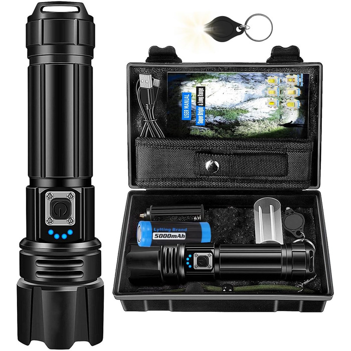 LED ліхтарик на акумуляторі, надзвичайно яскравий 1200000 люмен, з функцією зуму, тактичний, з 5 режимами, водонепроникний IP67, для кемпінгу, риболовлі, туризму, активного відпочинку та надзвичайних ситуацій (P70-kit)