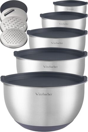 Stainless Steel Bowl Set with Lids [Set of 5] 1L + 1.5L + 2.5L + 3.5L + 4.5L | Mixing Bowls, Salad Bowls, Bowl Set | Non-slip | Stackable | Dishwasher Safe | Includes Grater