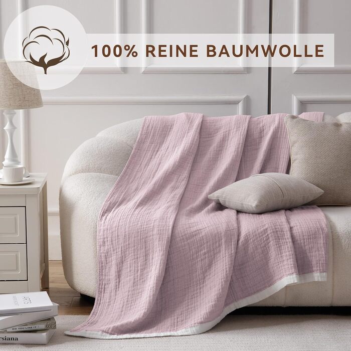 М'яка ковдра Softexly з бавовни 100%, 4-шарова муслінова ковдра, плед для ліжка, дивана, вітальні. Плед для дивана, ліжка, вітальні, 130x150 см, білий (фіолетовий)