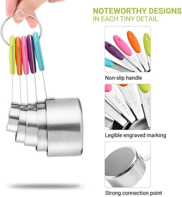 Набір мірних ложок Xingxinrong з нержавіючої сталі (5 мірних ложок + 1 ложка) з силіконовою ручкою, з гравіюванням шкали (US та міжнародна), придатний для миття в посудомийній машині, для приготування та випічки, кухонний аксесуар