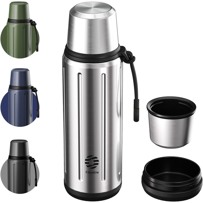 Термос Healter Thermoskanne 1л з чашкою (72 години холод, 24 години гаряче) – термофляга для кави, чаю, термокружка з фільтром та знімним дном. Підходить для подорожей, офісу та школи (зелений, срібний)