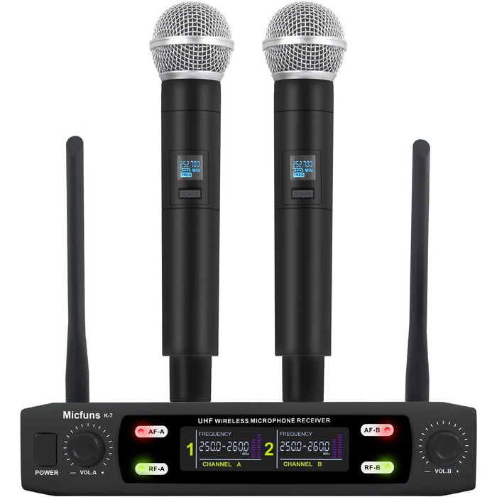 Мікрофонний комплект Micfuns K7 Professional: бездротові ручні мікрофони VHF 230-250 МГц для караоке, вечірок та мовлення. Дальність дії: 100 м
