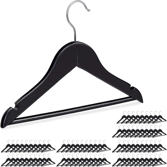 Relaxdays 20-Piece Children's Clothes Hangers, Wooden, Trouser Hangers for Boys & Girls, Swivel Hook, with Bar & Notches, Black