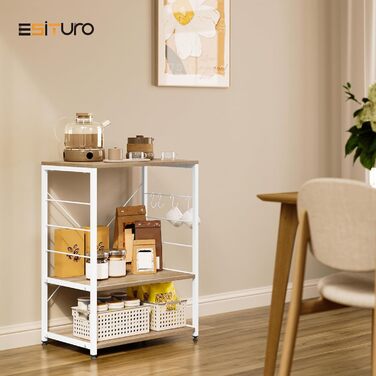 Kitchen Shelf, Microwave Shelf with 4 Hooks, Baking Shelf with 3 Tiers, Storage Shelf for Kitchen, Cafe, Living Room, Bathroom, 60 x 82 x 40 cm, Light Oak + White