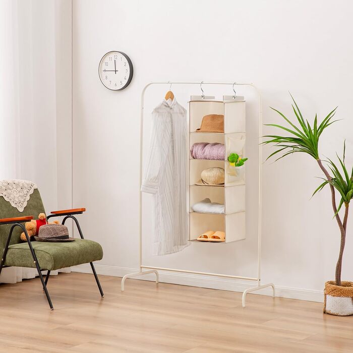 YOUDENOVA Органайзер для шафи з 6 відділеннями, полиця-вішалка, міцна конструкція з MDF та бамбуком, система зберігання, бежевий