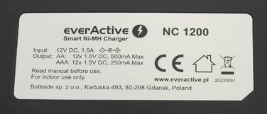 Зарядний пристрій everActive для 12 акумуляторів AAA/AA, швидка зарядка (4 години), LCD дисплей, режим оновлення, адаптер для автомобіля, модель NC-1200