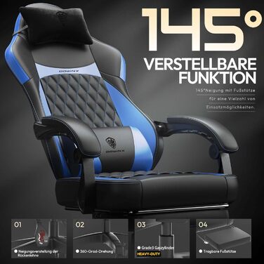 Ігрове крісло Dowinx Racing з ергономічною підтримкою попереку, PU шкіра, 150 кг, чорно-синій