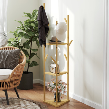 HOMCOM Coat Rack, Clothes Rack with 8 Hooks, 3 Tiers, Jacket Stand for Hats, Clothing, Entrance, Hallway, 45 x 45 x 170 cm, Bamboo, Natural | Aosom